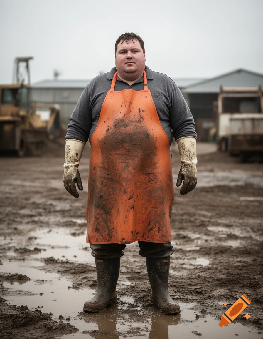 Photorealistic portrait of a heavy-set man wearing a muddy orange apron, rubber boots, and thick gloves in a muddy industrial yard.