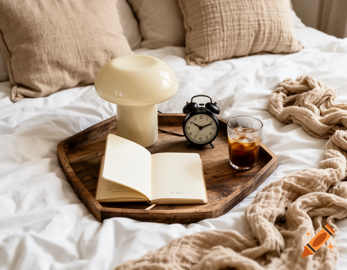 Photorealistic Japandi style bedroom scene with a wooden tray holding a mushroom lamp, alarm clock, open notebook, and iced coffee.