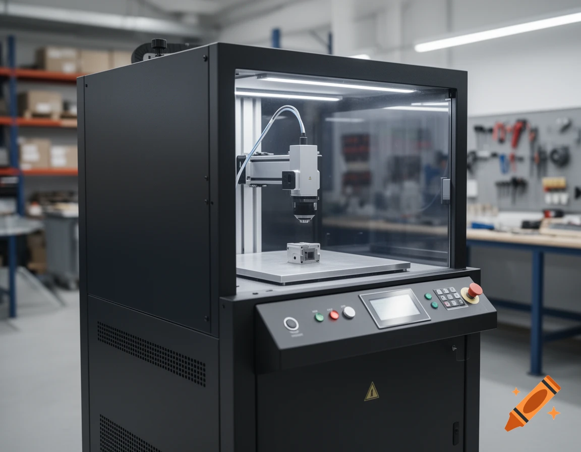 Photorealistic image of a black industrial laser marking machine with a clear enclosure in a factory setting.