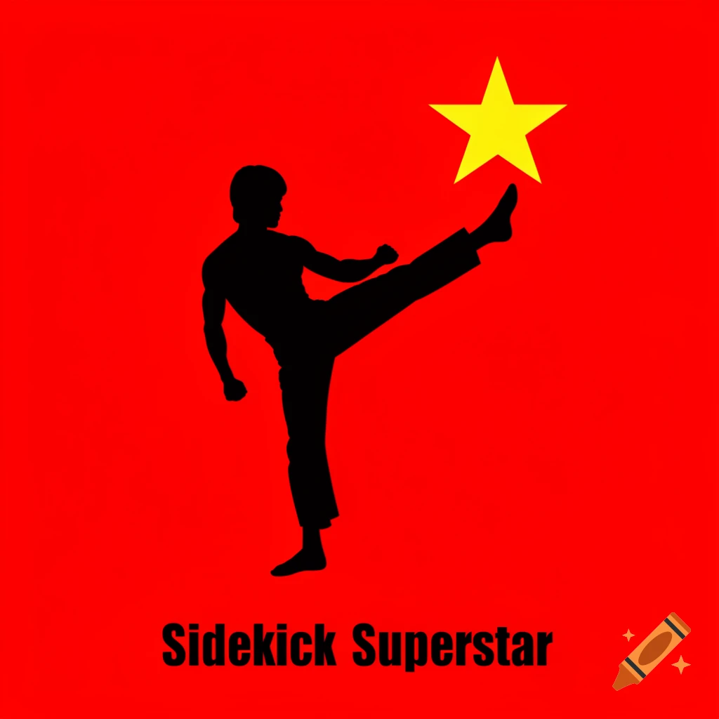 Minimalist flat graphic of a black martial artist silhouette kicking toward a yellow star on a red background.