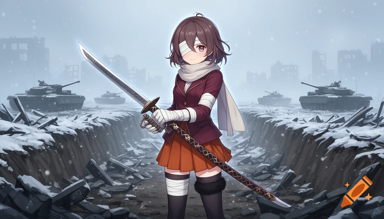 Modern anime-style illustration of a cute girl with an eyepatch holding a sword in a snowy abandoned battlefield with tanks.