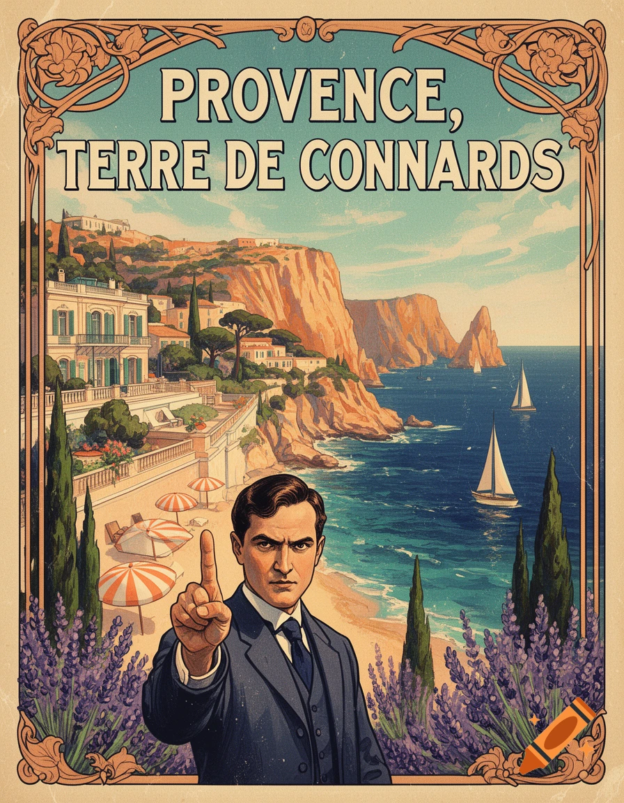 Vintage travel poster of Provence featuring a man raising his finger, a coastal resort town, cliffs, and sailboats in a retro illustration style.