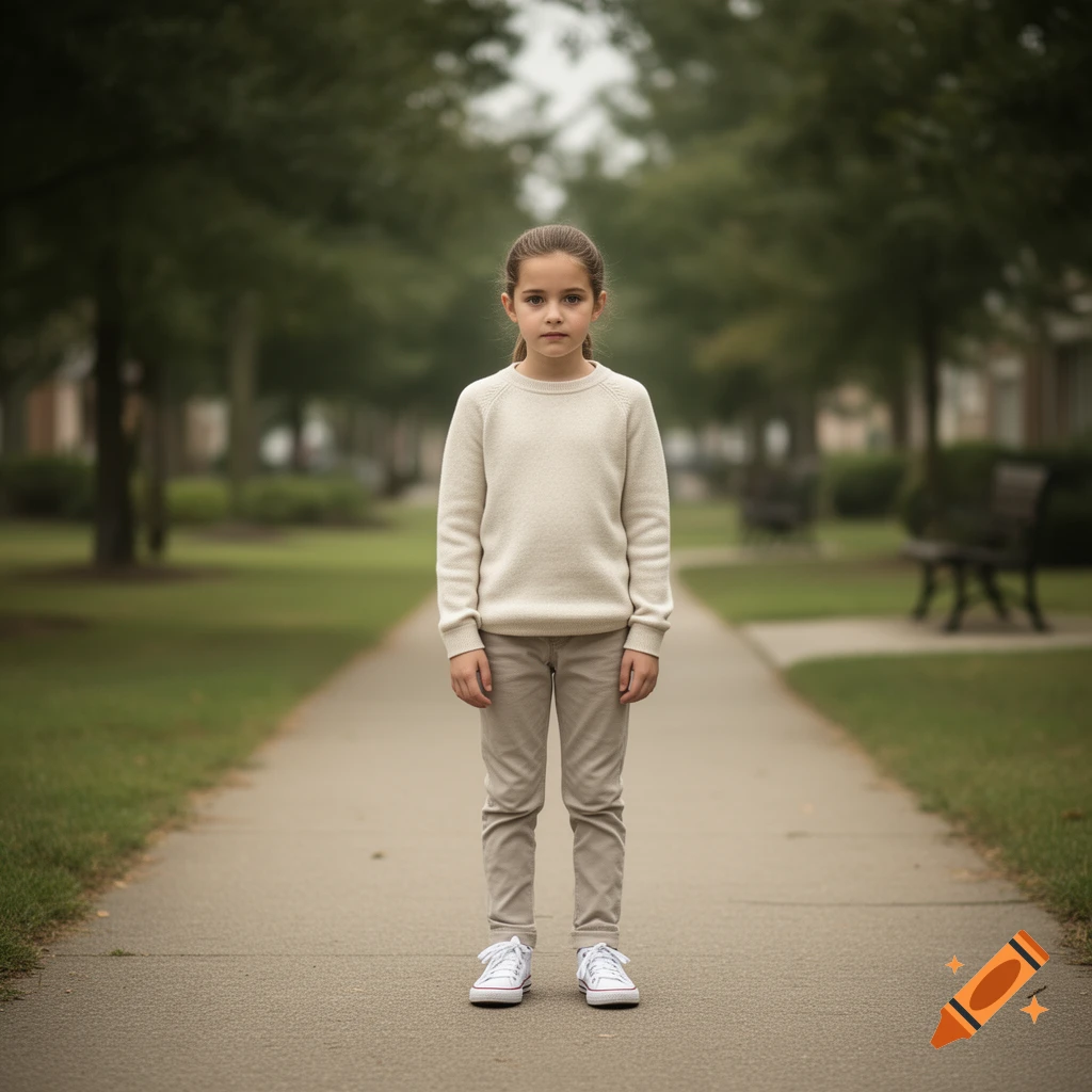 Photorealistic image of a young girl standing on a concrete pathway lined with trees.