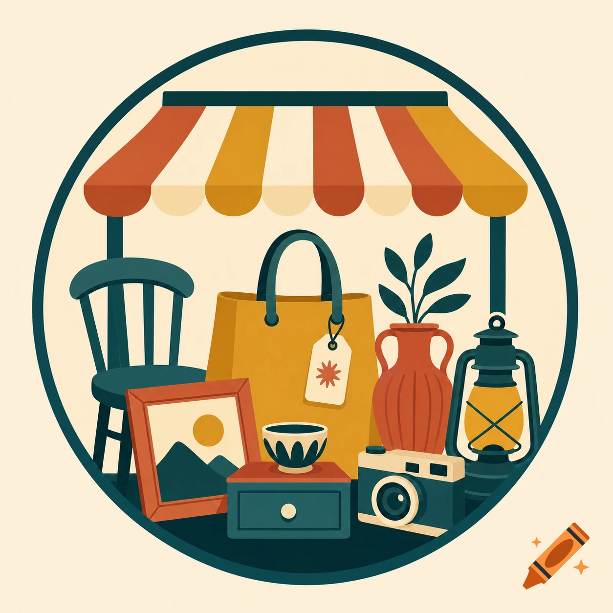 Vintage flea market logo illustration with a striped awning, chair, bag, vase, camera, and lamp inside a circle.