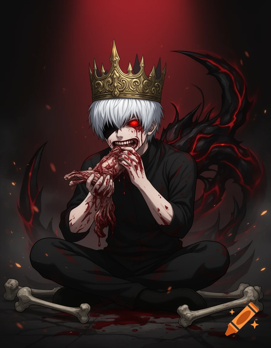 Anime illustration of Kaneki from Tokyo Ghoul wearing a golden crown and eating a severed arm, with a dark red and black background.