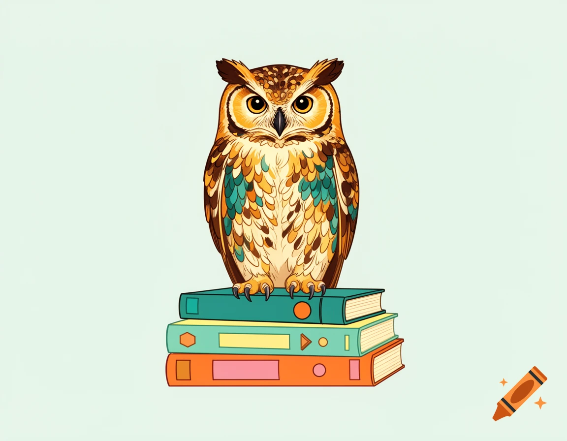 Illustration of an owl perched on a stack of three colorful books against a light background.