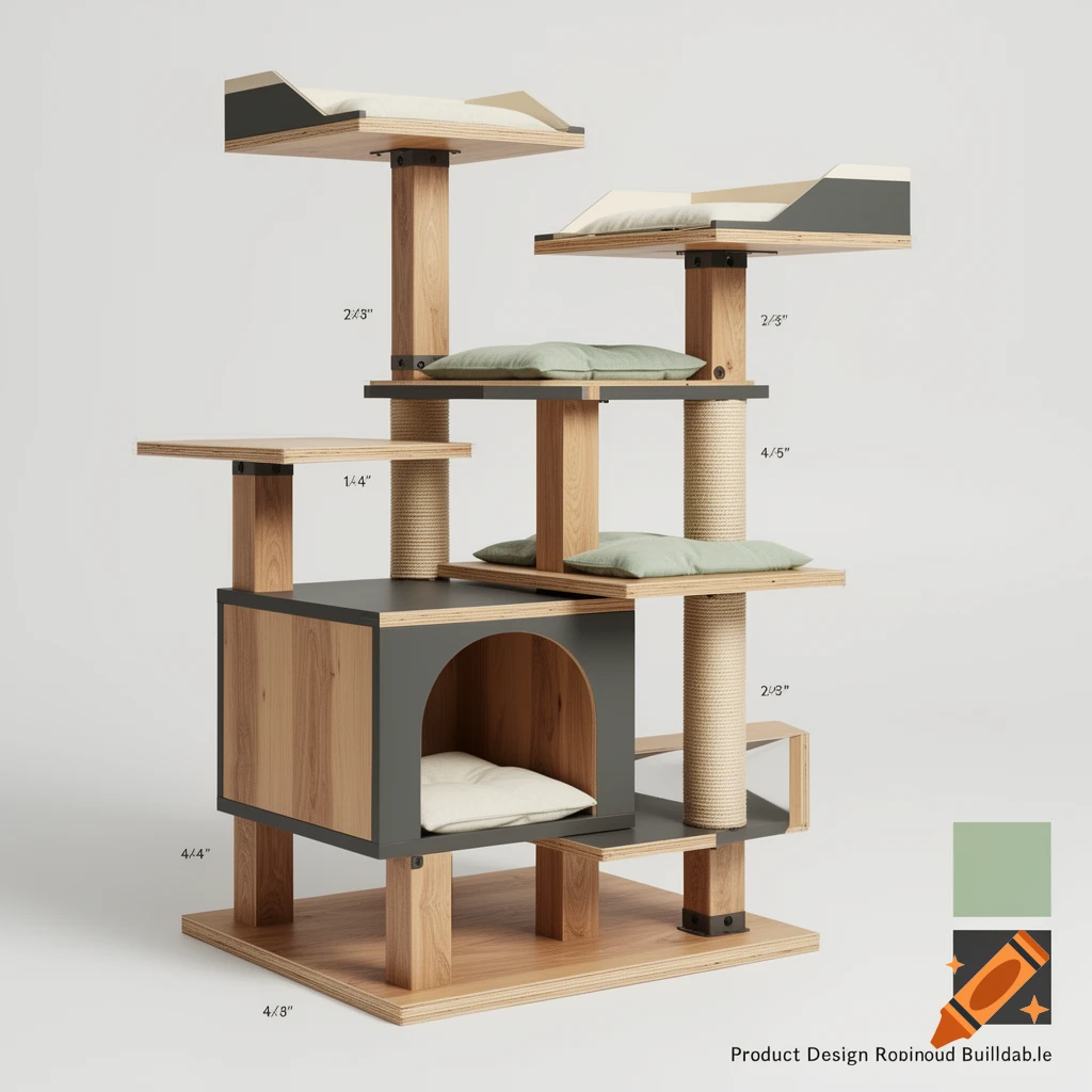 Photorealistic 3D render of a modern modular cat tree made of plywood and lumber with cushions and scratching posts.