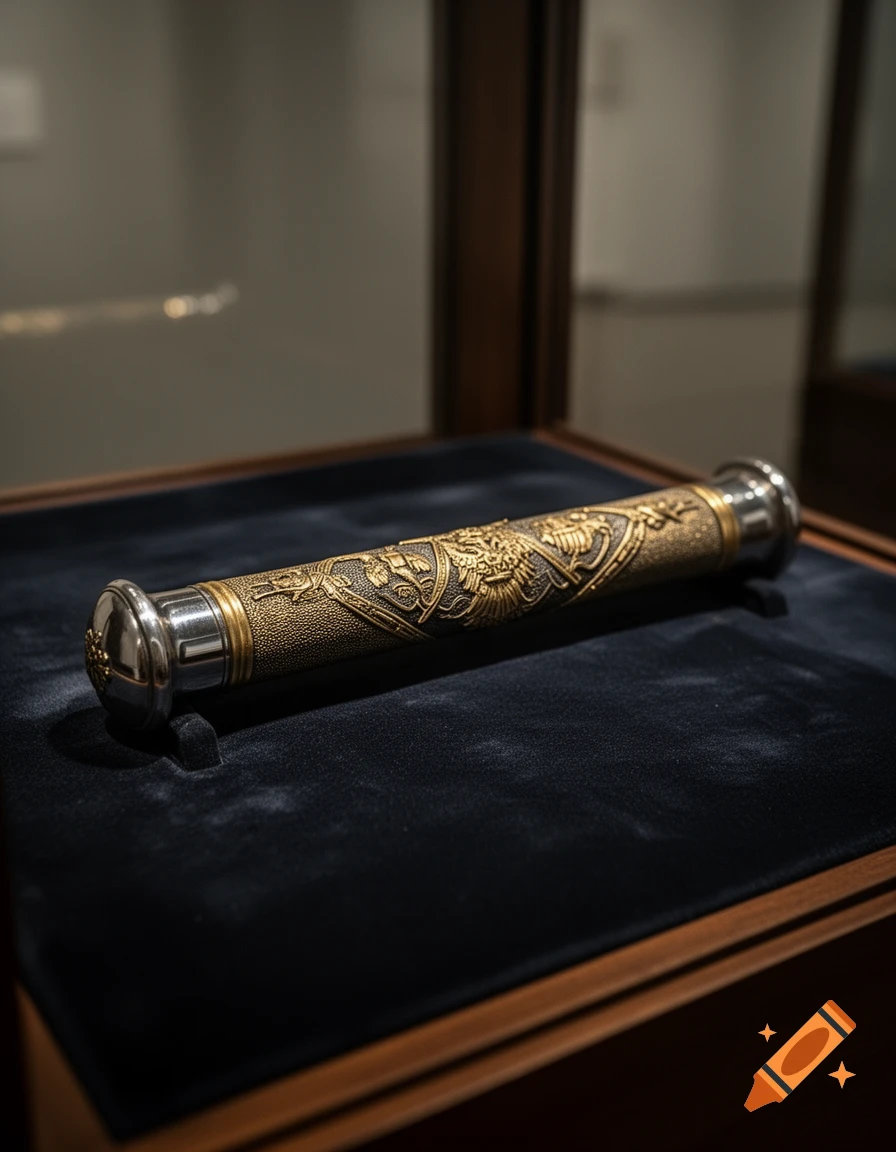 A detailed German field marshal's baton rests on a dark velvet surface in a display case.