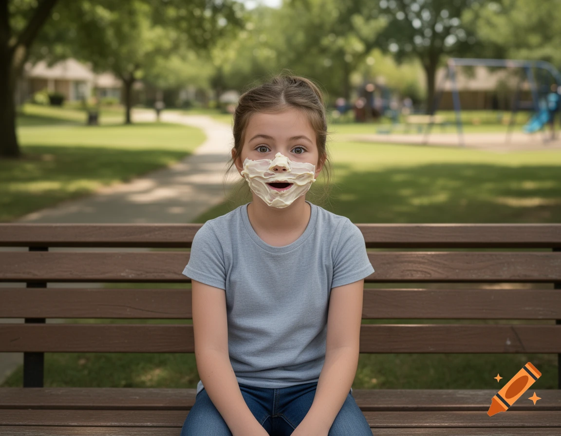 Photorealistic image of a young girl sitting on a park bench with mayonnaise covering her face.