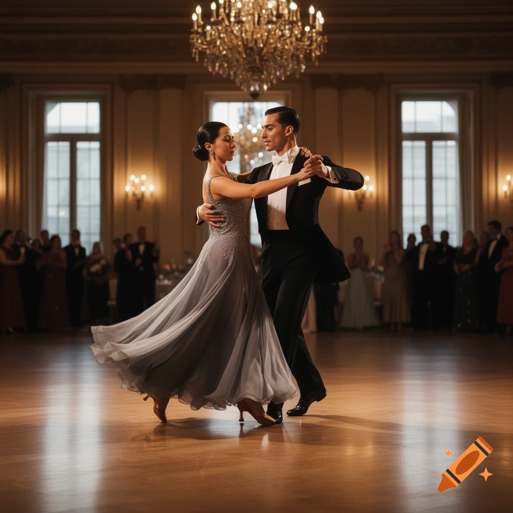 A man and a woman gracefully ballroom dancing in a grand ballroom with a large chandelier.