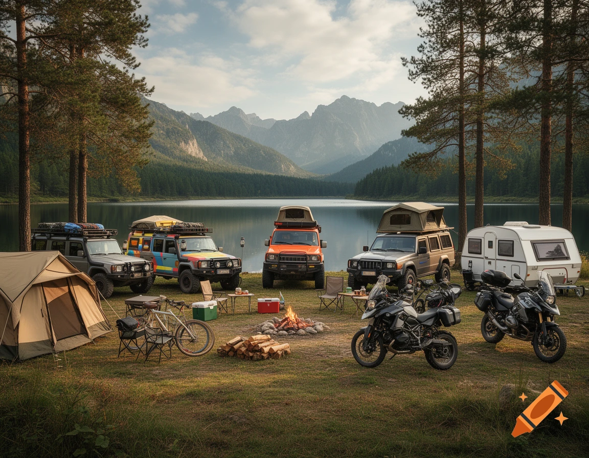 Photorealistic scene of a diverse camping fleet including SUVs, a trailer, and motorbikes parked by a serene lake surrounded by pine trees and mountains.