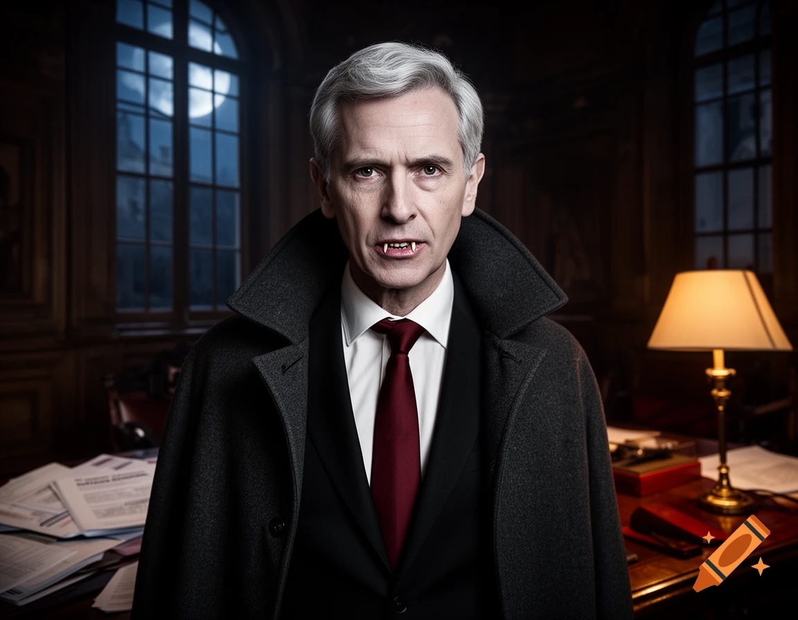 Photorealistic portrait of a politician with pale skin and vampire fangs, wearing a dark coat and red tie in a dimly lit office.