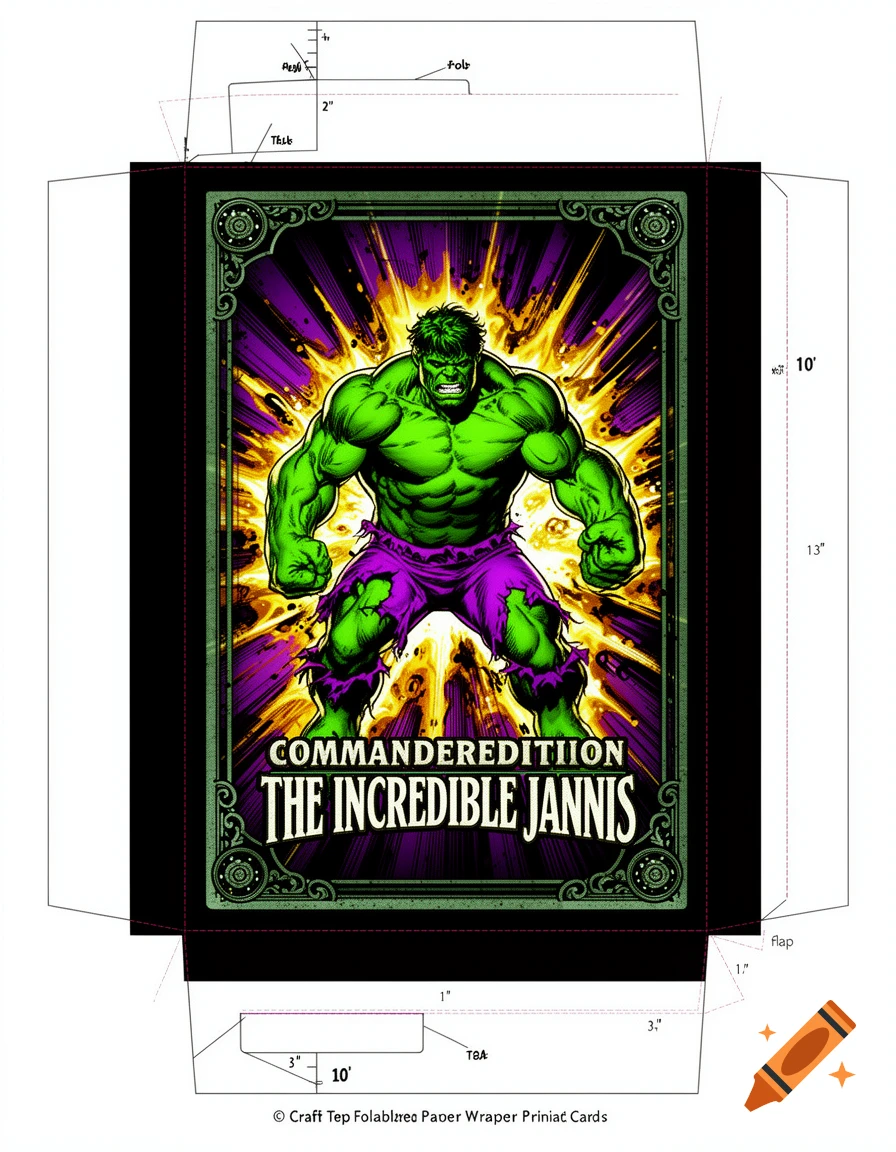 Booster pack template featuring The Incredible Hulk illustration with custom title text and folding lines.