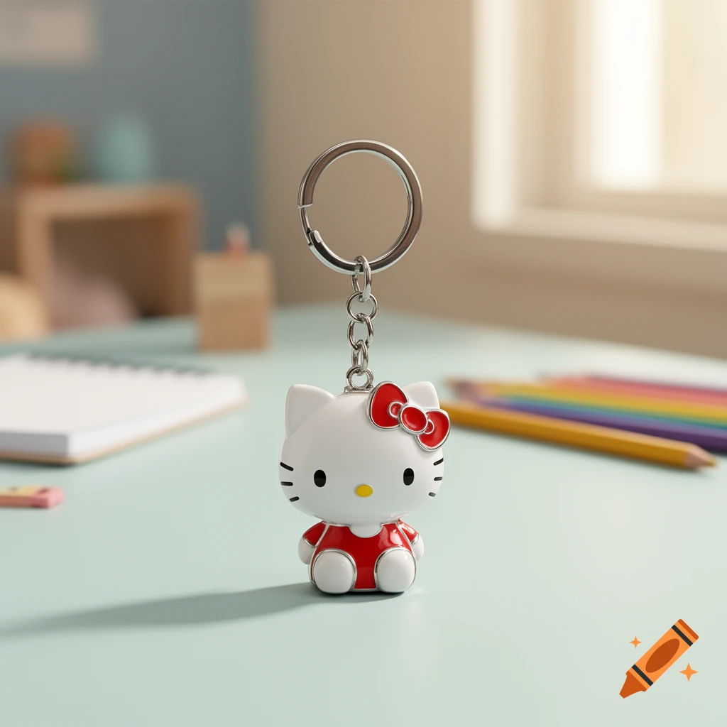 Close-up of a glossy Hello Kitty keychain resting on a light blue table with a blurred background.