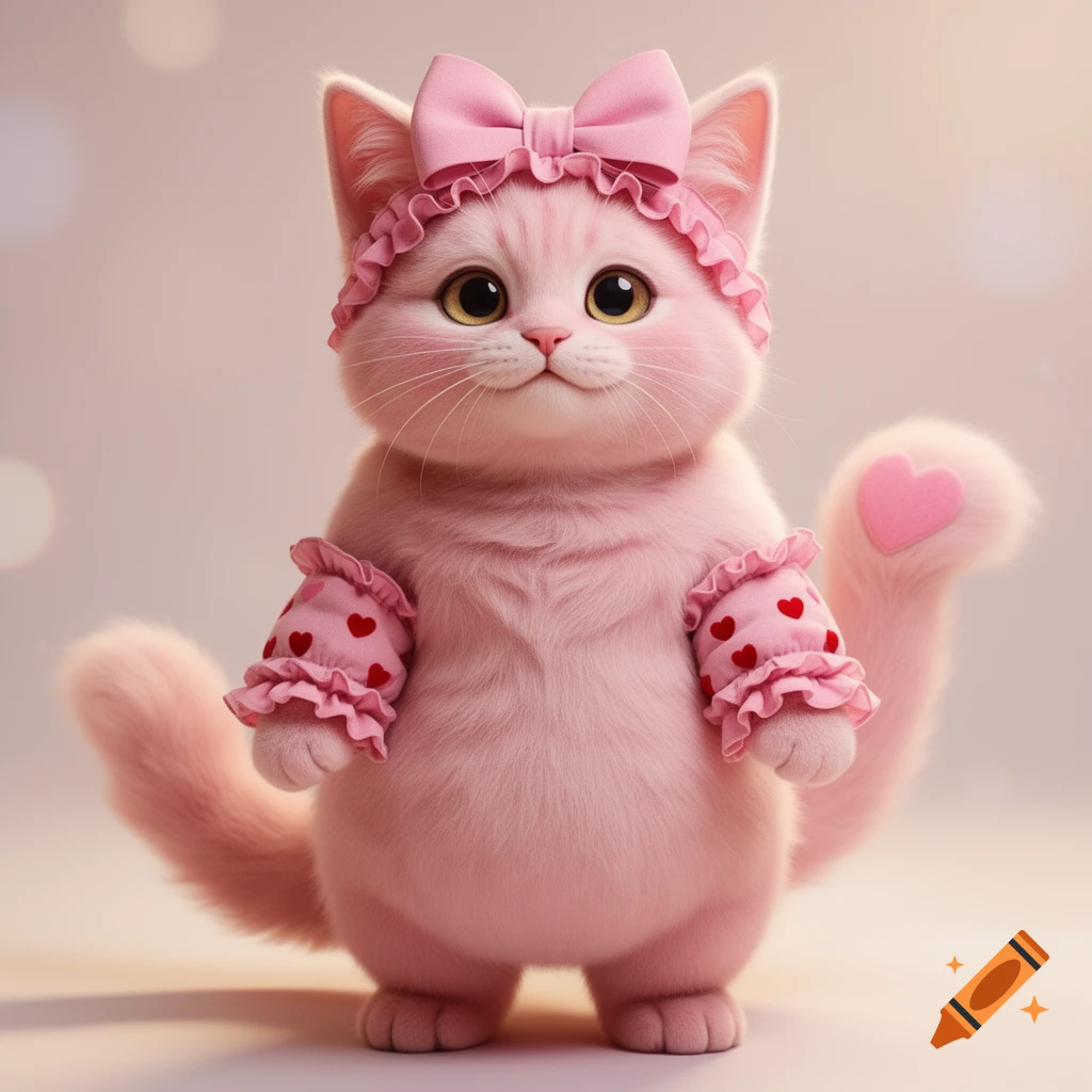 A cute pink furry cat standing on two legs, wearing a ruffled headband with a bow and arm warmers, with a heart shape on its tail.