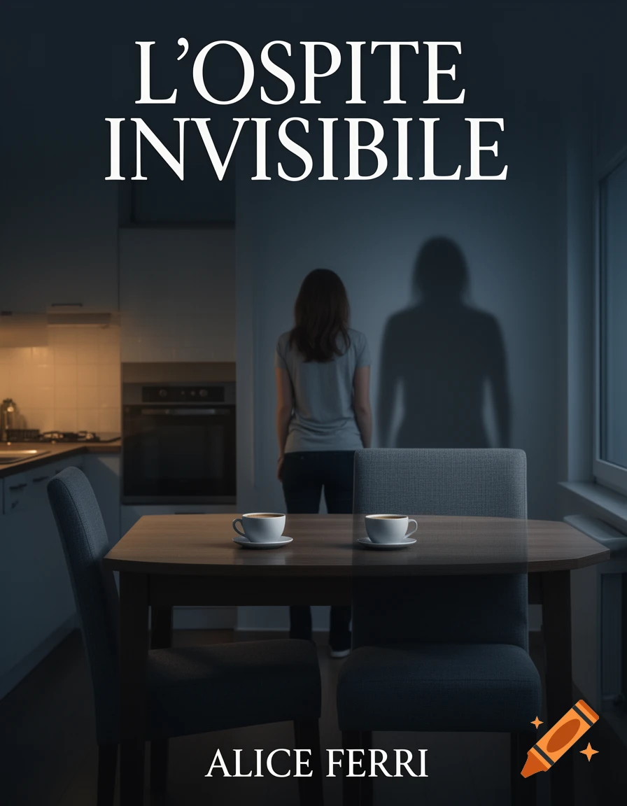 Psychological thriller book cover featuring a dark modern kitchen, two coffee cups on a table, and a mysterious shadow on the wall.