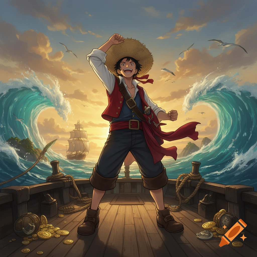 Anime-style illustration of a smiling young pirate with a straw hat standing triumphantly on a ship deck.