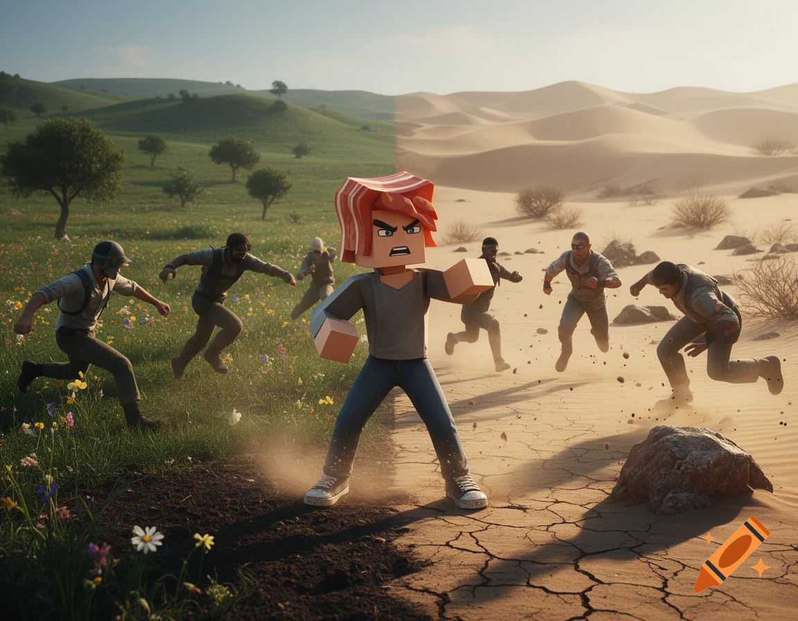 A character with bacon-themed hair stands in the center of a split landscape of a green grassy field and a desert, fighting people.