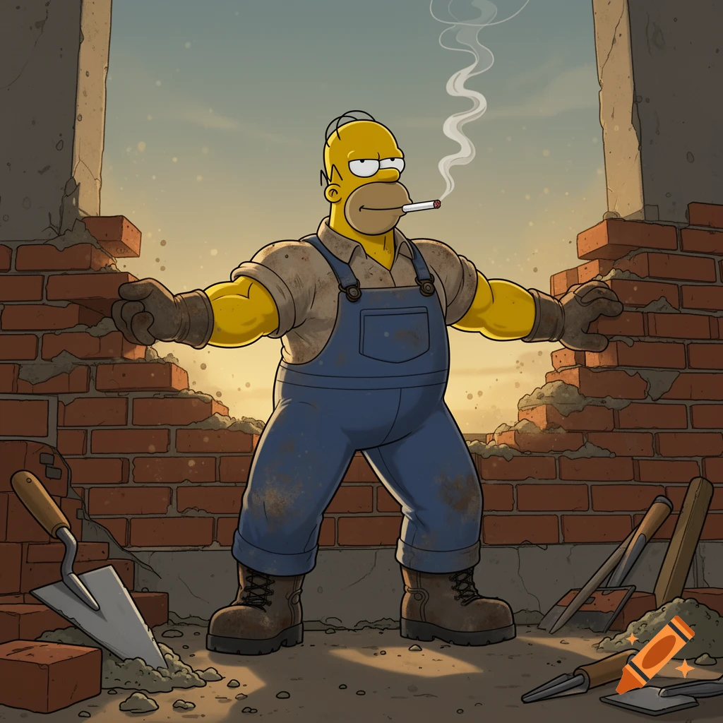 Muscular Homer Simpson character smoking a cigarette while doing masonry work in front of a brick wall, cartoon style.