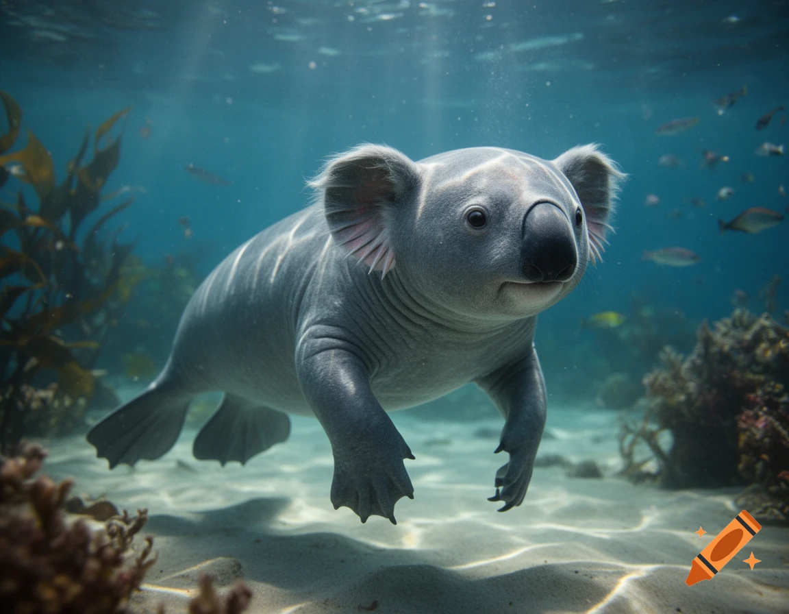 Photorealistic koala with streamlined body and webbed feet swimming underwater in a sandy ocean floor environment.