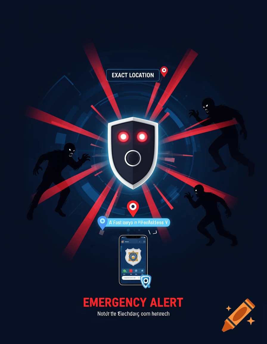 Digital illustration of a glowing shield surrounded by red laser beams and dark silhouette figures, with a smartphone displaying a security app below.