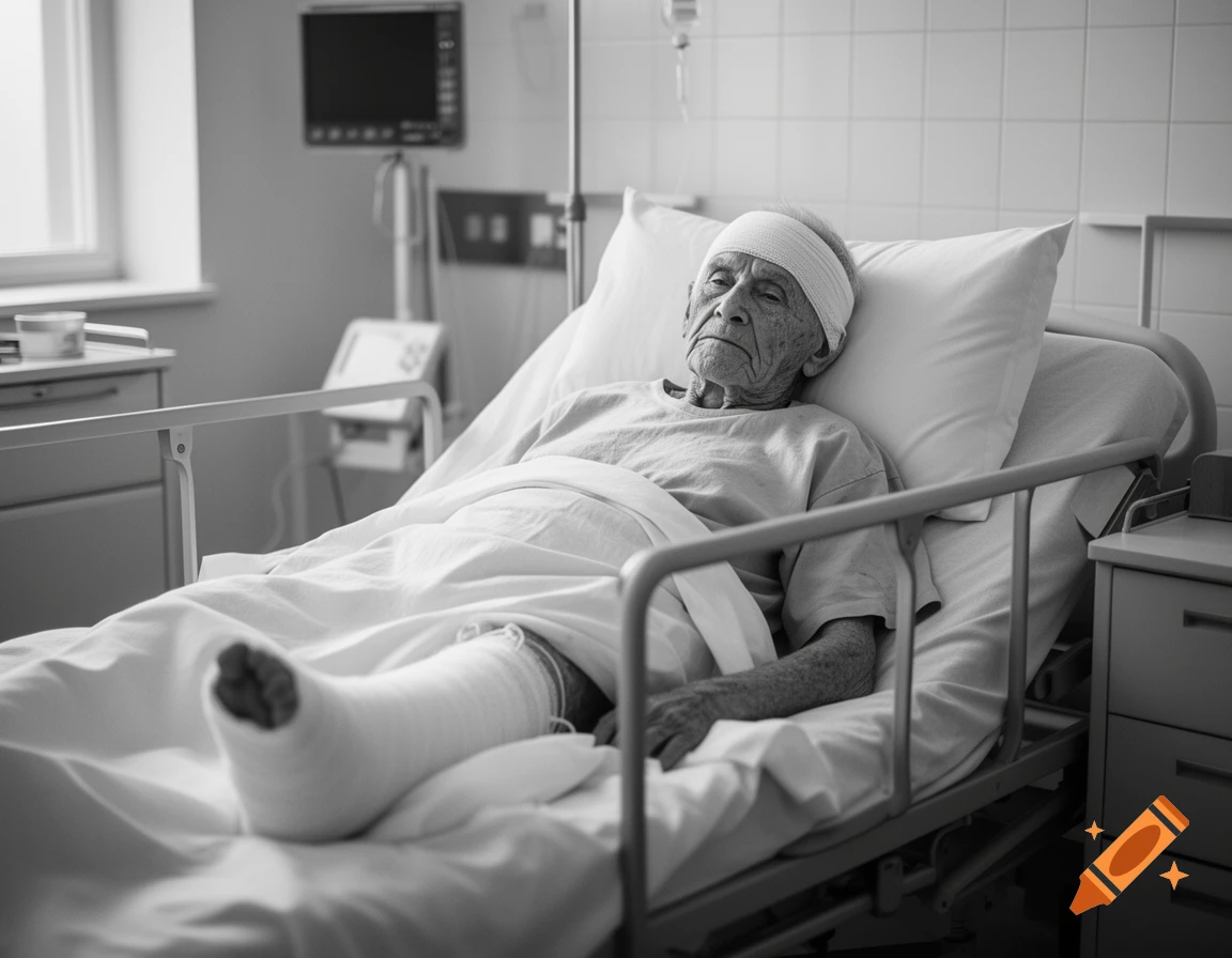 Black and white photograph of an elderly man with a head bandage and leg cast lying in a hospital bed.