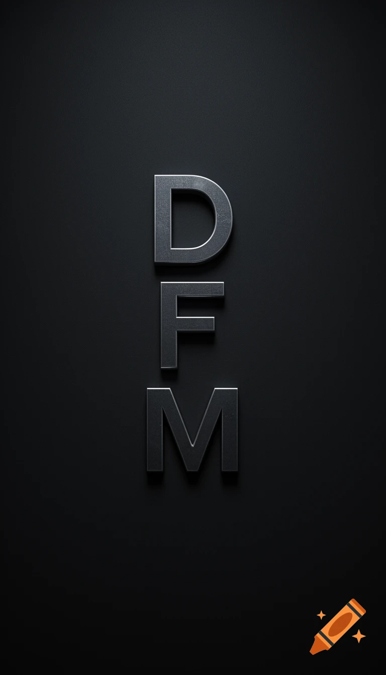Monochrome 3D metal letters D, F, and M stacked vertically on a dark textured background.