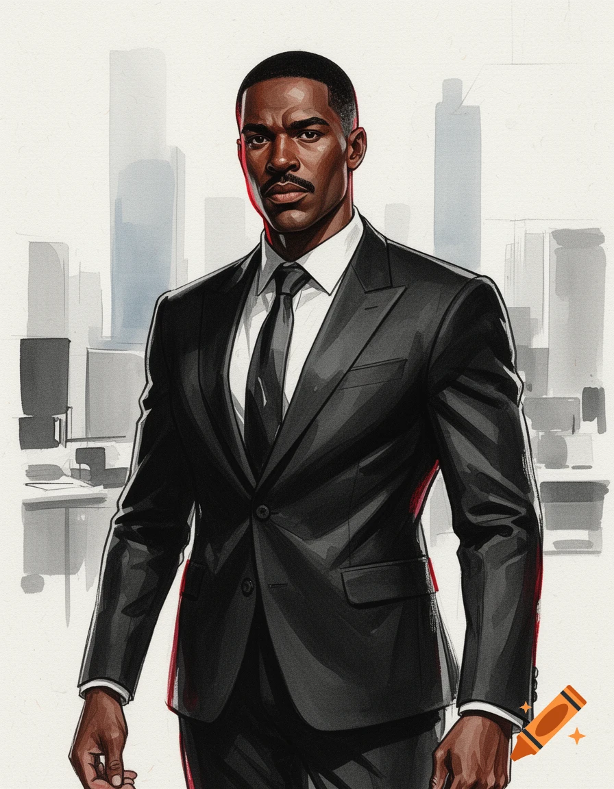 Illustration of a fit Black man in his 30s with a mustache, wearing a suit and tie, drawn in the style of Yoji Shinkawa.