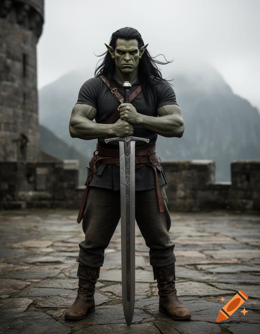 Photorealistic image of a serious half-orc warrior with long black hair standing on a stone fortress, holding a large two-handed sword.