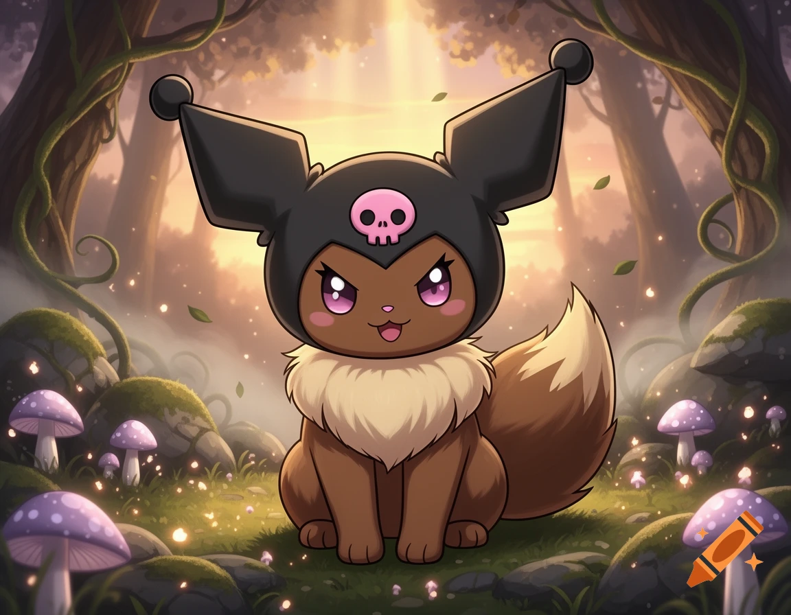An anime-style creature combining Eevee and Kuromi, sitting in a magical forest surrounded by glowing mushrooms and soft sunlight.