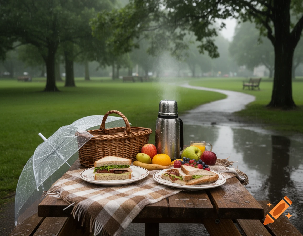 Photorealistic picnic setup on a wooden table in a rainy park with green grass and trees.