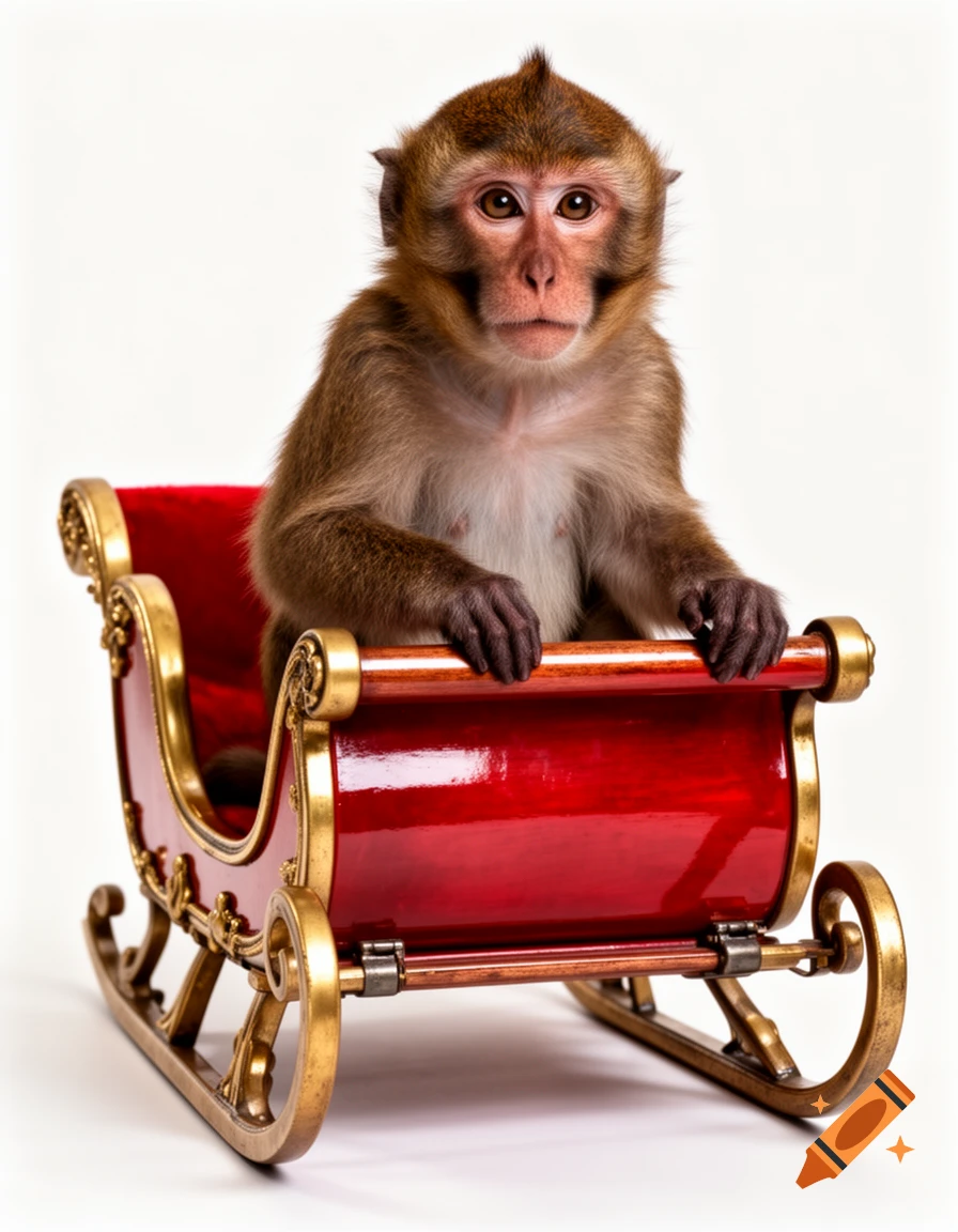 A monkey sitting inside a red and gold Santa sleigh against a plain white background.