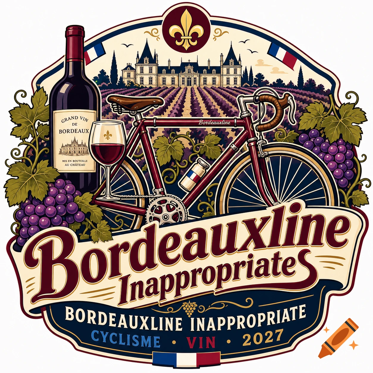 Vintage style logo featuring a bicycle, wine bottle, glass, and a French chateau in vineyards.