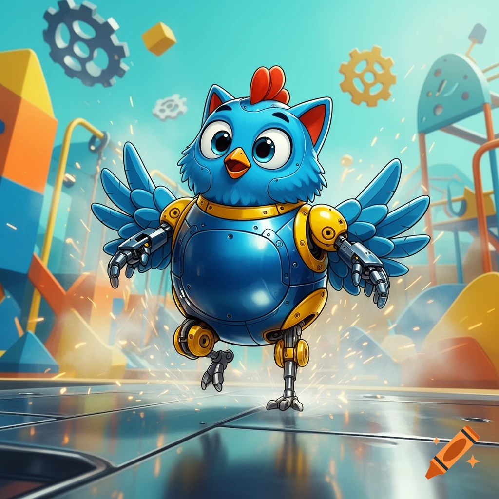 A cartoon blue robot chicken with yellow armor running on a shiny metal floor in a colorful playground.