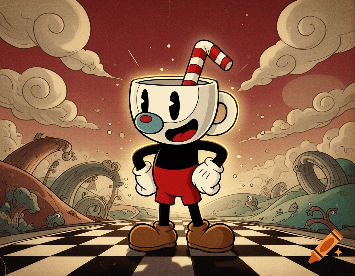 Cuphead-style cartoon character with a red-and-white striped straw standing on a checkered road with surreal landscape in the background.