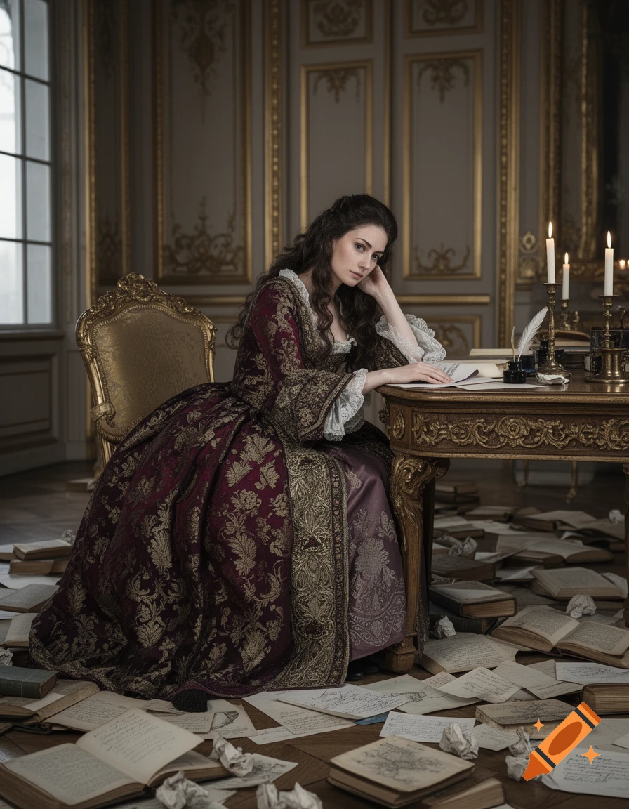 Photorealistic 18th-century portrait of a noblewoman in a burgundy silk dress studying documents in Versailles.