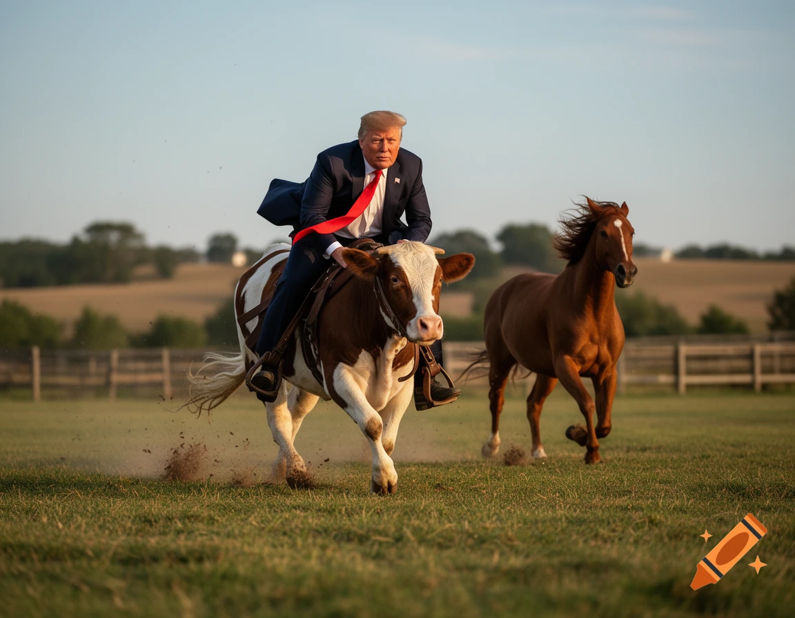 Photorealistic image of Donald Trump riding a brown and white cow in a field, chasing a running brown horse.
