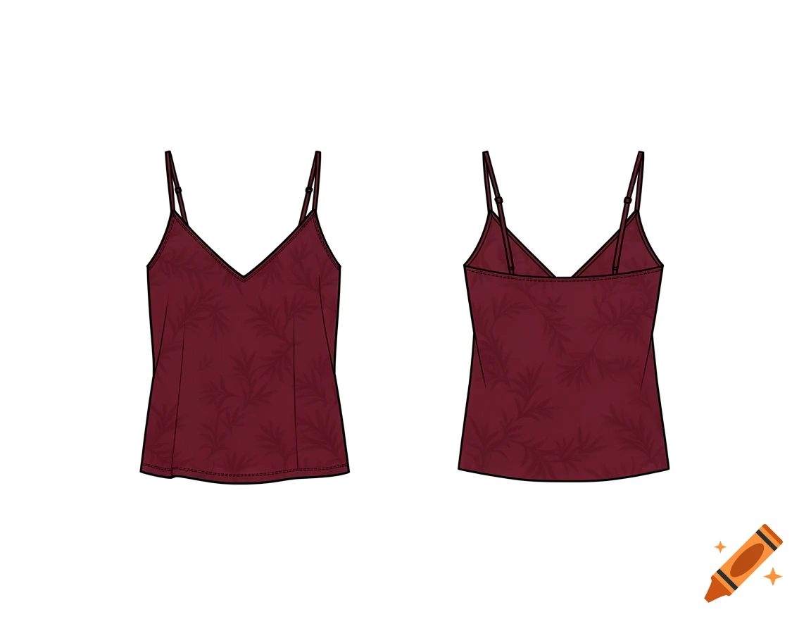 Minimalist flat fashion sketch of a burgundy camisole top with front and back views showing a V-neckline and leaf-pattern print.