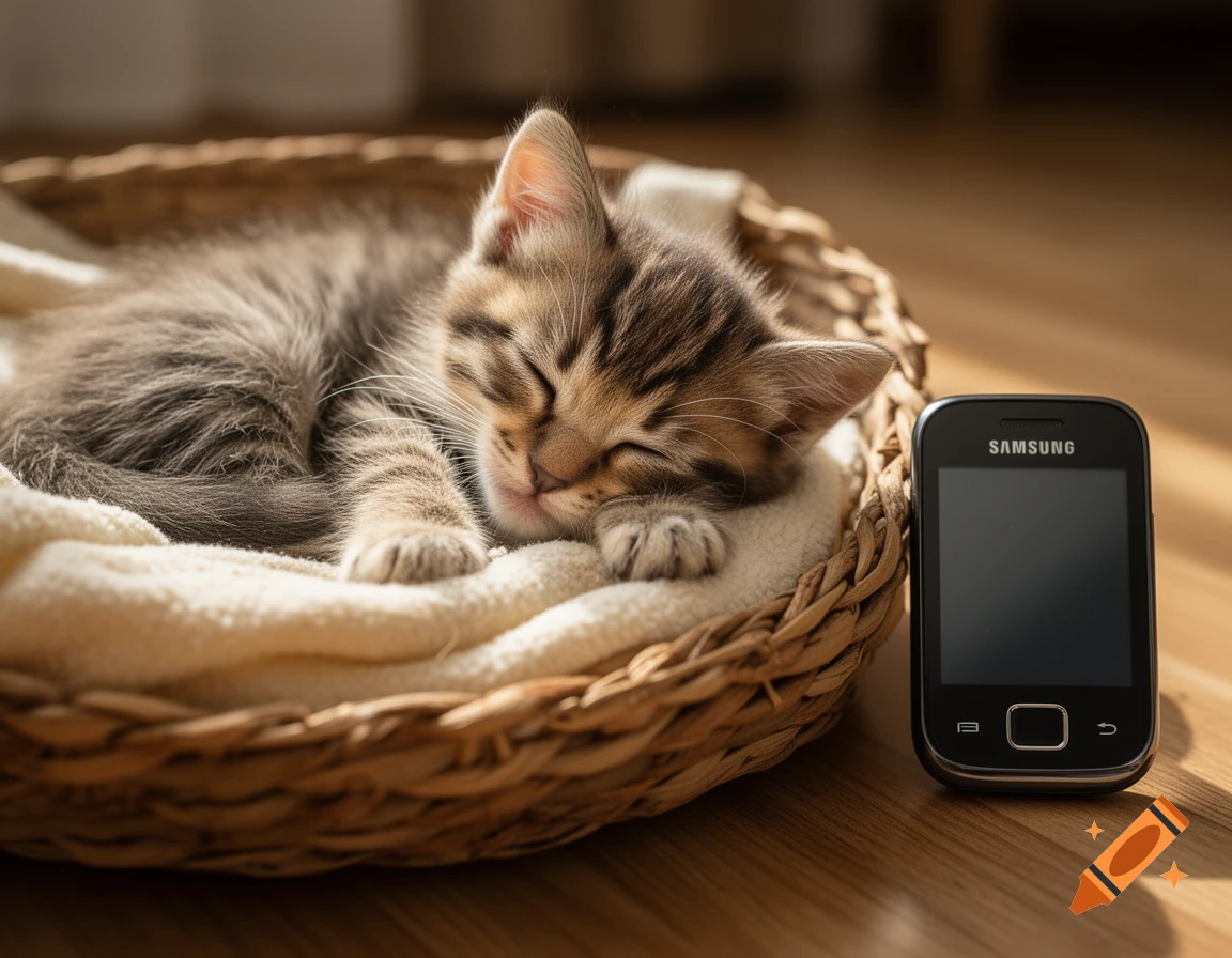 Photorealistic image of a sleeping kitten in a wicker basket next to a vintage smartphone.