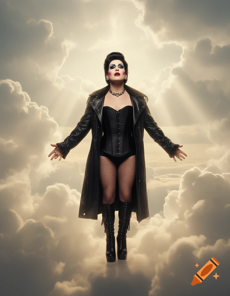 Dr. Frankenfurter from Rocky Horror Picture Show floating in the clouds with arms outstretched in a photorealistic style.