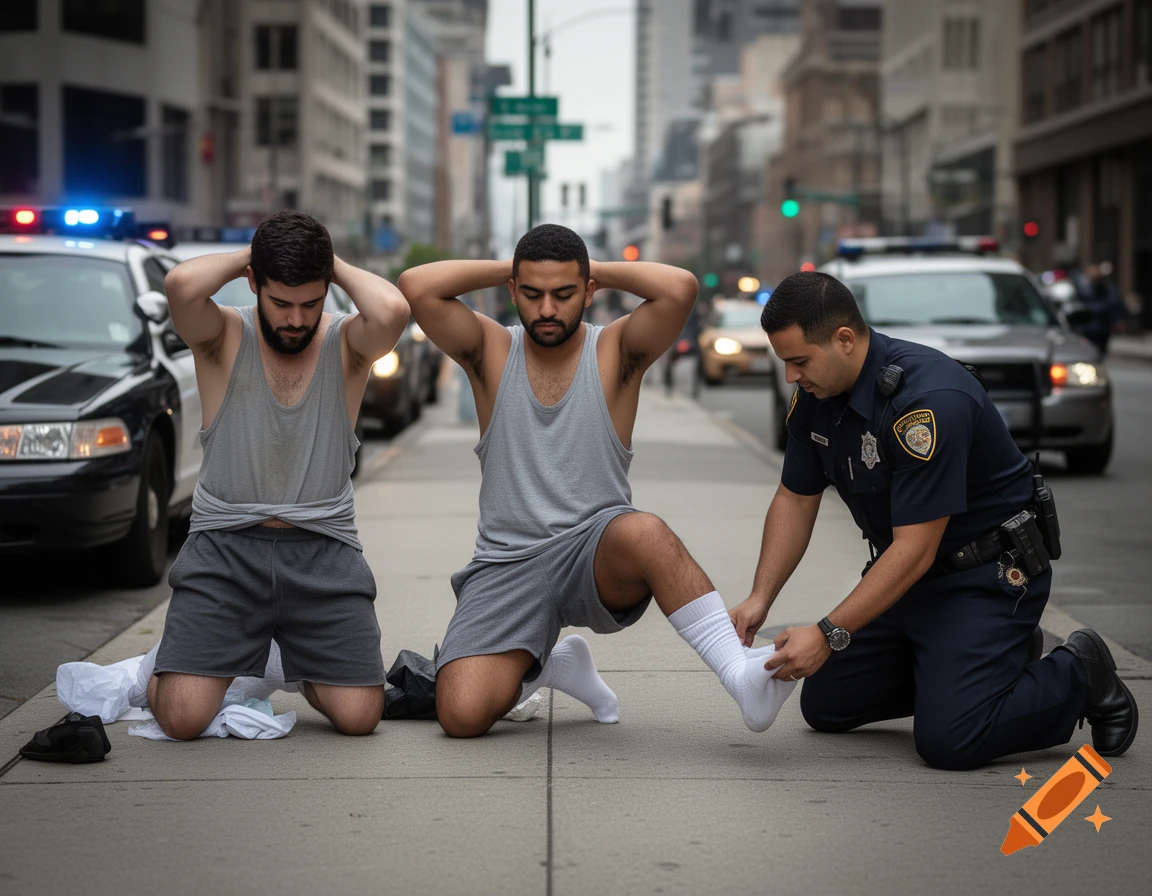 Photorealistic image of two men kneeling on a sidewalk with hands behind their heads while a police officer pulls off a sock, with police cars in the background.