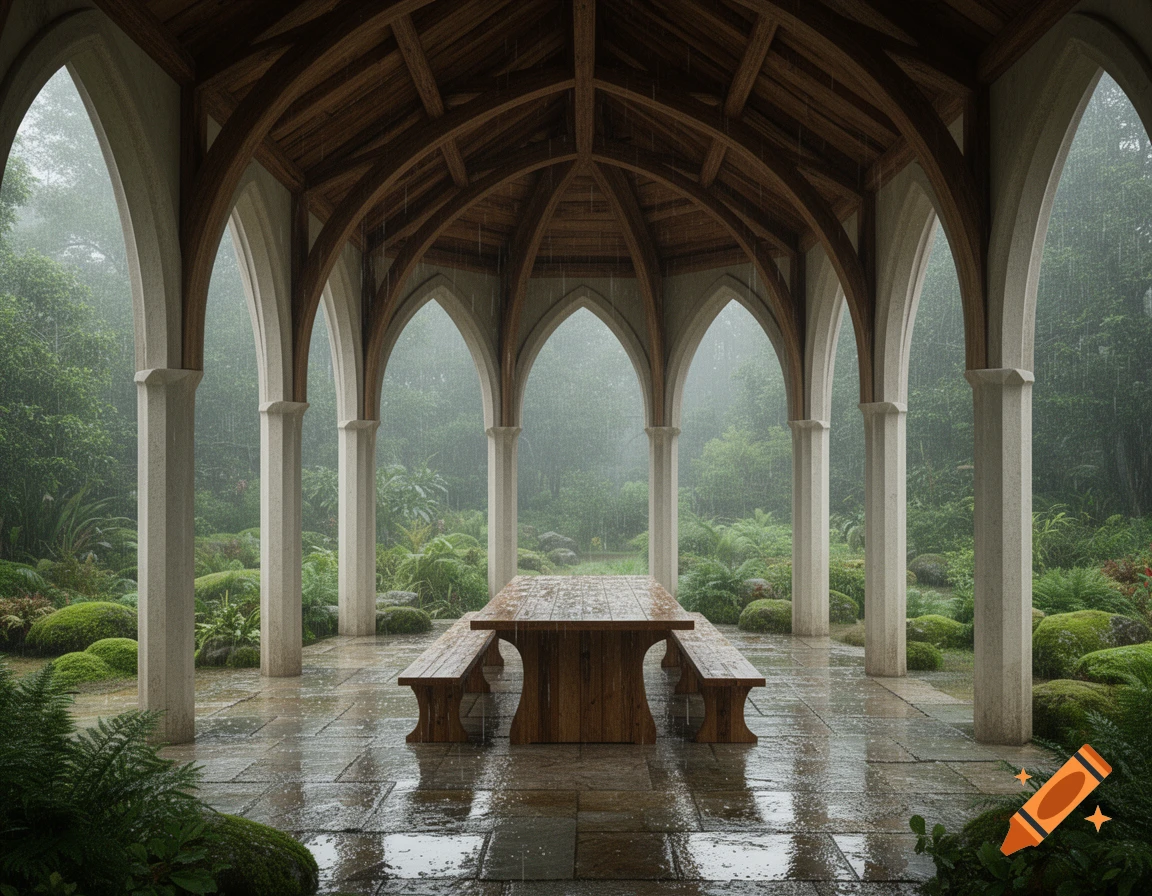 Photorealistic architectural photograph of an open-air elven style dining pavilion in a lush rainy garden.
