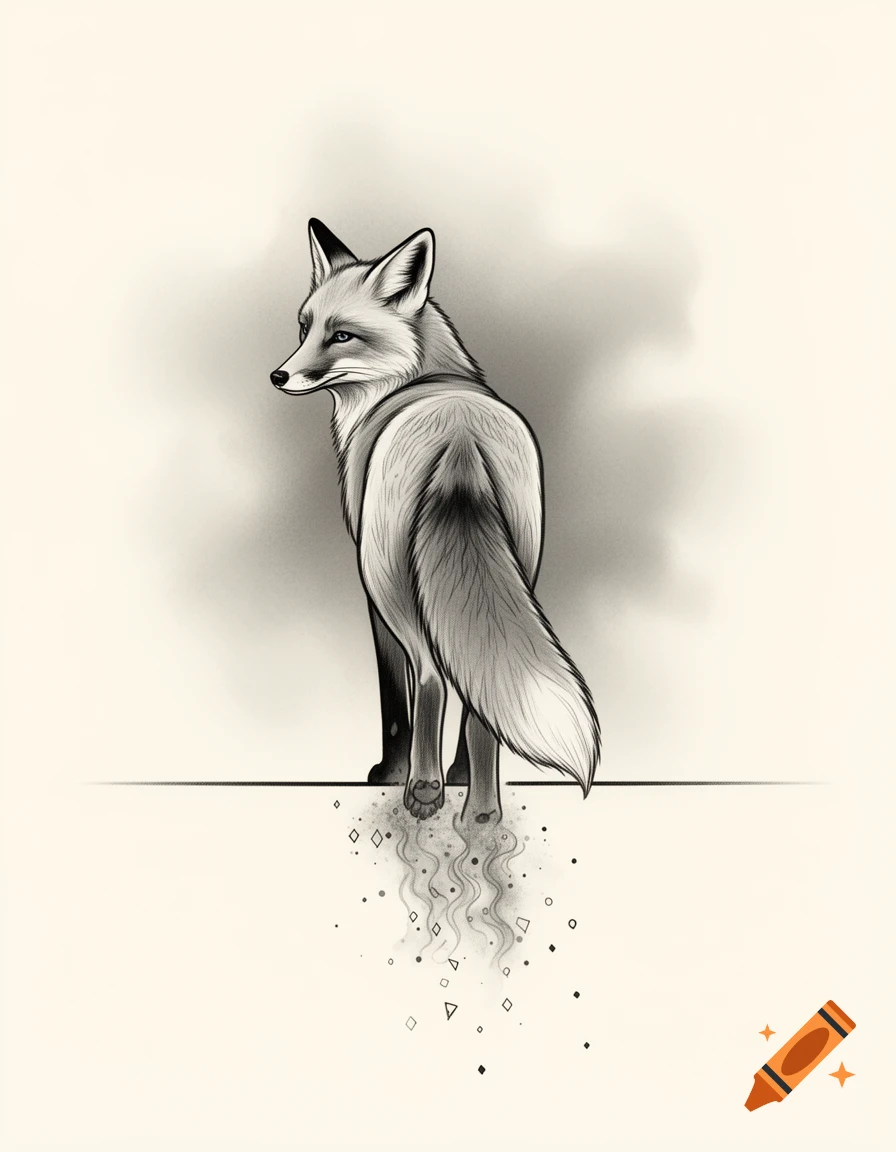 Black and white fineline tattoo style illustration of a fox looking back over its shoulder, with its hind legs dissolving into geometric dust.