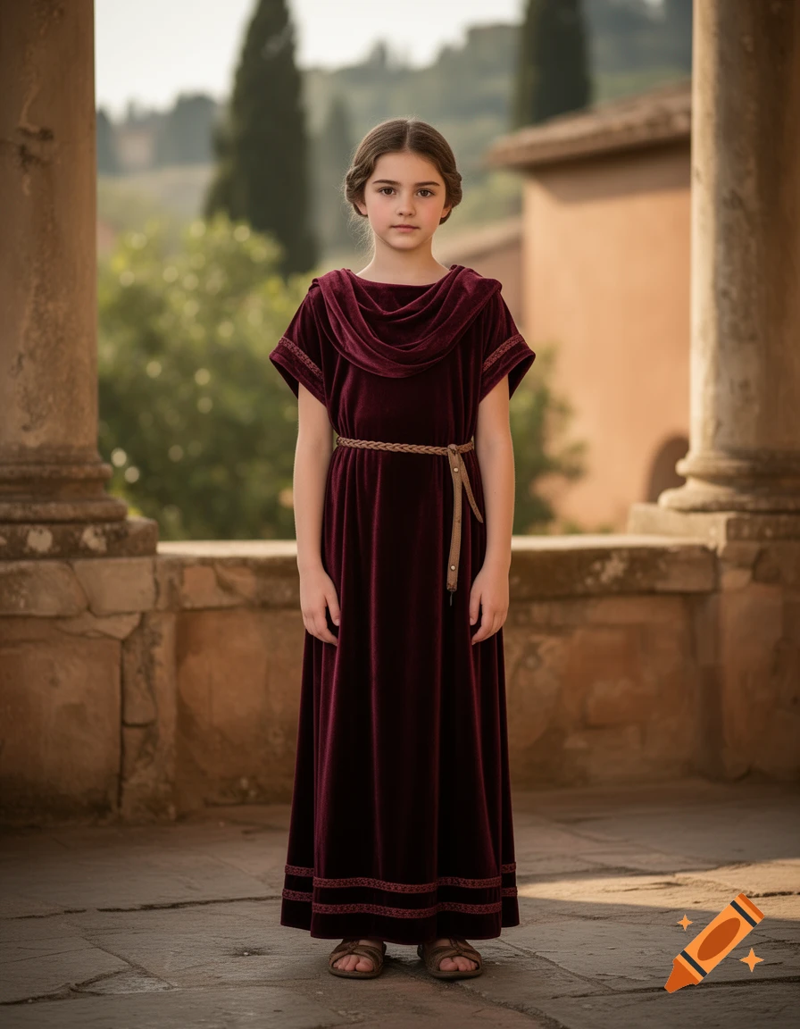 Photorealistic portrait of a young girl standing between stone pillars, wearing an ancient Roman velvet burgundy tunic.
