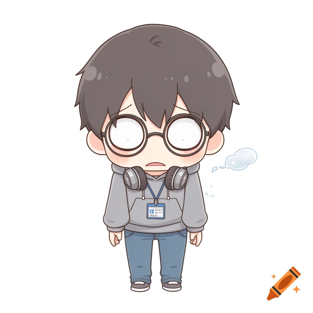Chibi anime character in a grey hoodie, round glasses, and headphones with an employee ID badge, standing with a tired expression.