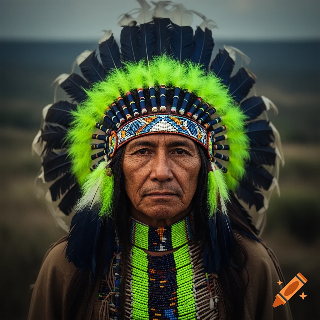 Photorealistic portrait of a Native American man wearing a traditional headdress with neon green and navy blue feathers.