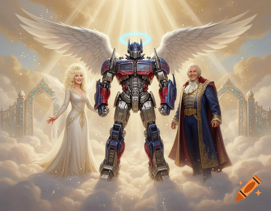 Optimus Prime with angelic wings and a halo stands in the clouds between Dolly Parton and Tim Curry in front of pearly gates, digital painting style.
