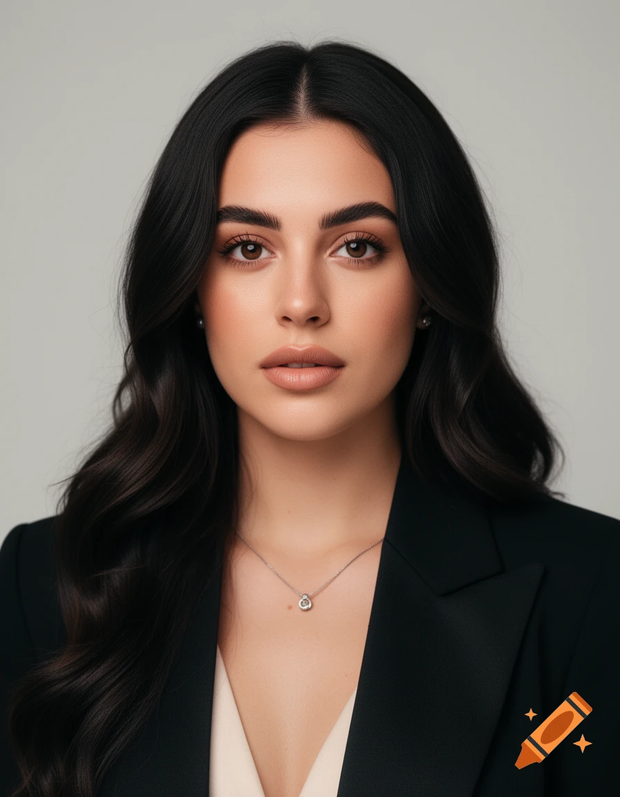 Photorealistic studio portrait of a woman with long dark hair, wearing a black blazer and necklace.