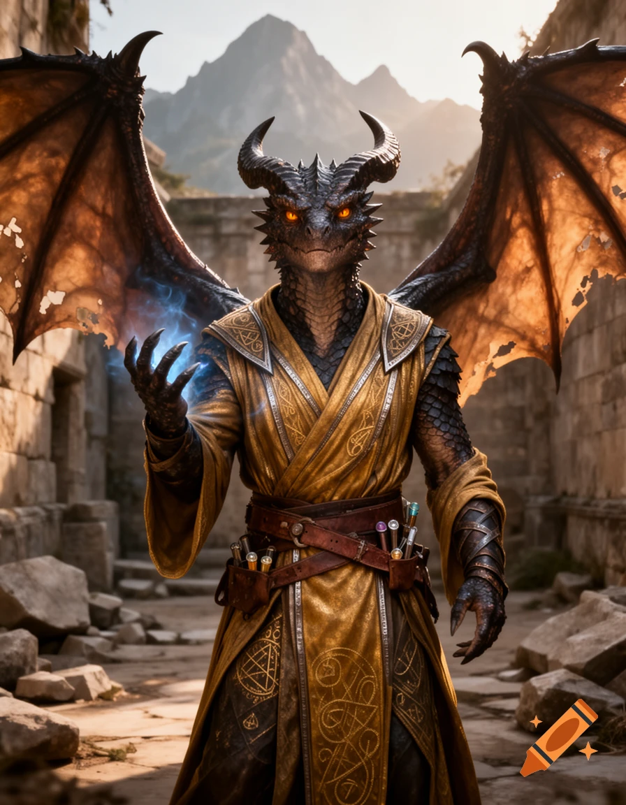A photorealistic dragonborn sorcerer with large wings wearing golden robes and holding magical blue energy in an ancient stone corridor.