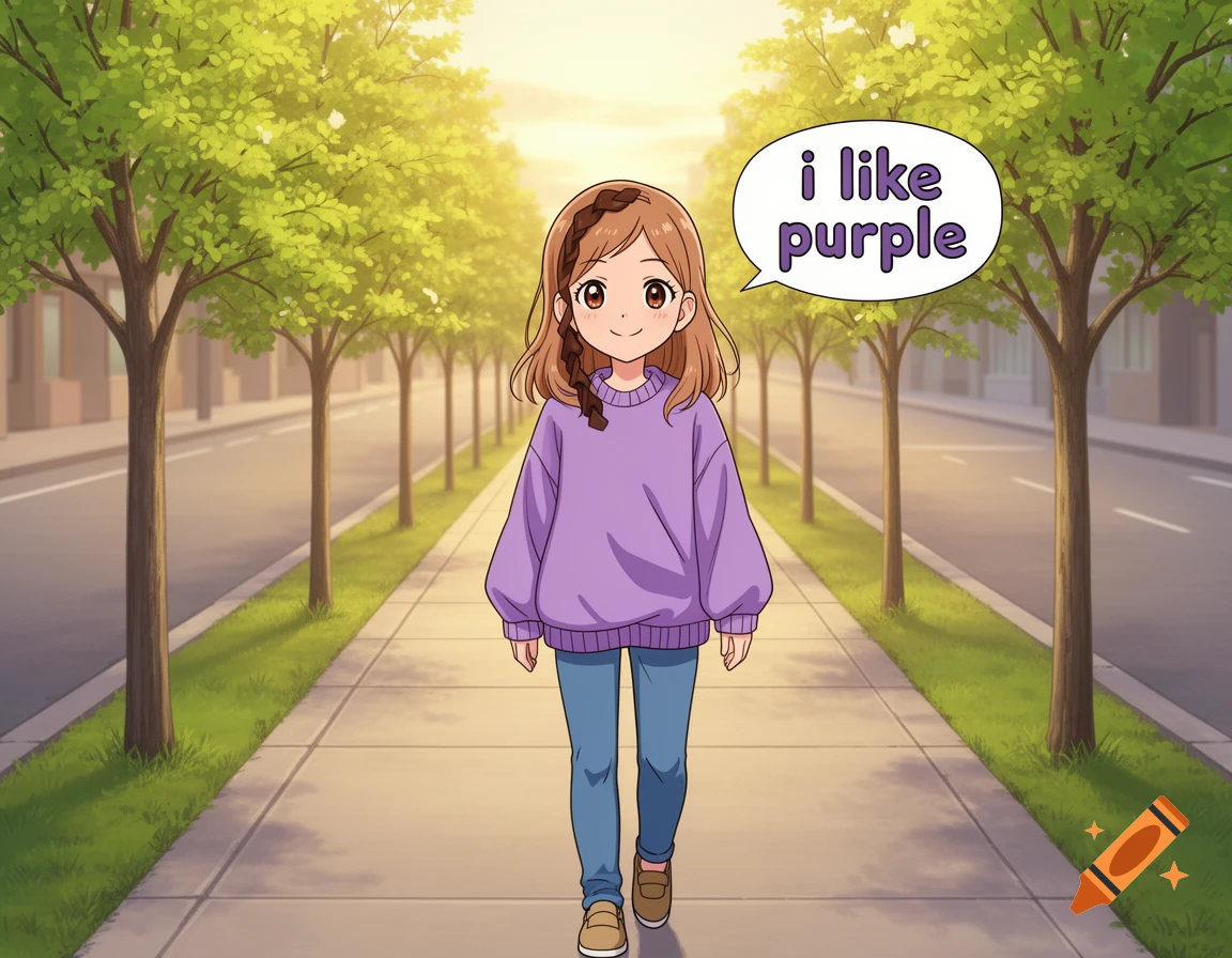 Anime style illustration of a young girl with brown hair walking down a sidewalk lined with trees, wearing a purple sweater and blue jeans, with a speech bubble saying i like purple.